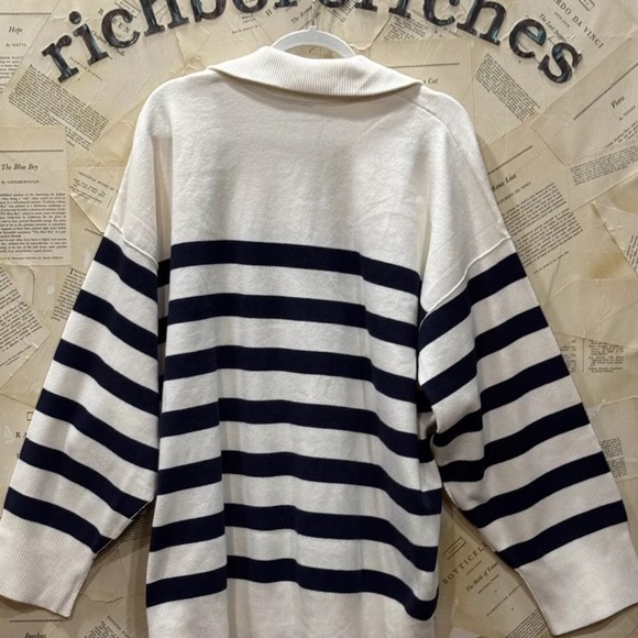 Free People Uptown Stripe Pullover Sweater Oversized Champagne Navy Combo - Picture 7 of 7